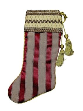 Vintage 19" Burgundy &  Gold Striped With Tassels  Christmas Holiday Stocking